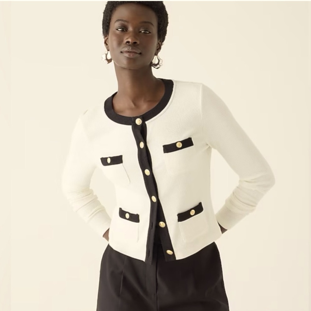 JCrew Vintage Rib Lady Jacket Cardigan XXS Ivory Black Gold Buttons $79.50 BW073